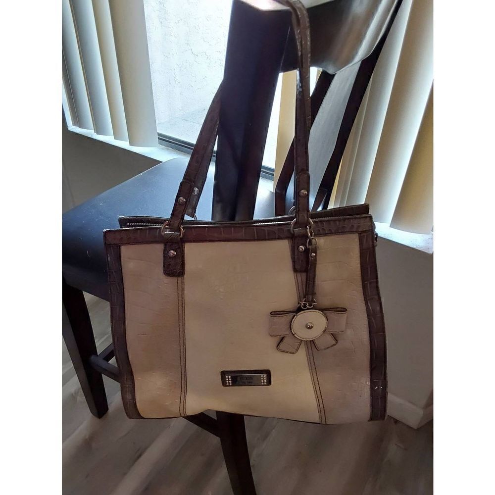 GUESS Faux Croc Print Two Tone Gray & Creme Large Tote Bag